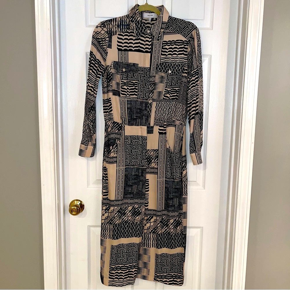 Reiss Black and Tan Geometric Print Dress